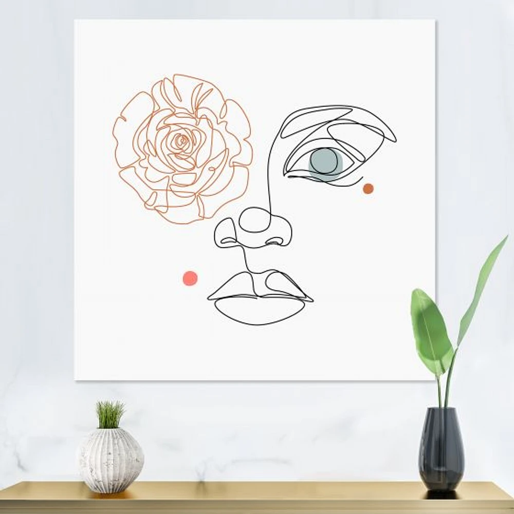 Female Face one Line Drawing with Minimal Shapes Canvas Wall Art Print