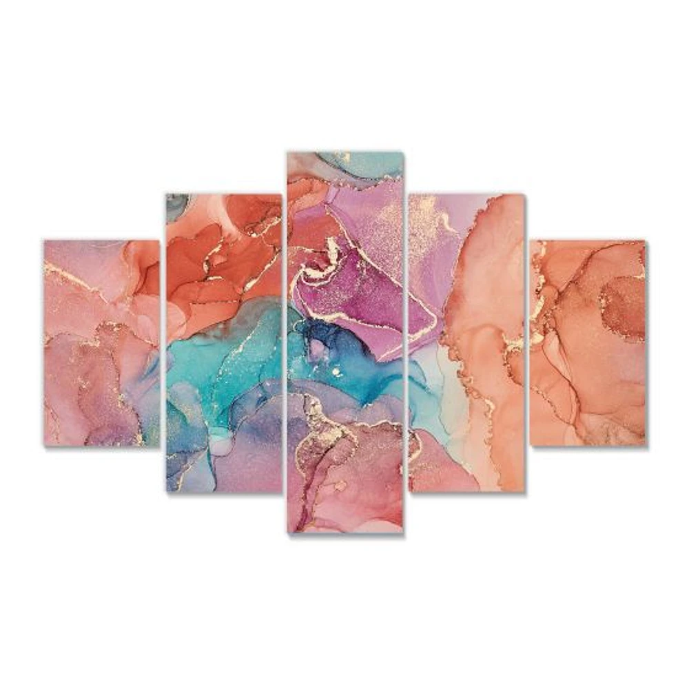 Turquoise and Brown Luxury Abstract Fluid Art II -5 Pieces Canvas Wall Print