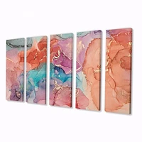 Turquoise and Brown Luxury Abstract Fluid Art II -5 Pieces Canvas Wall Print