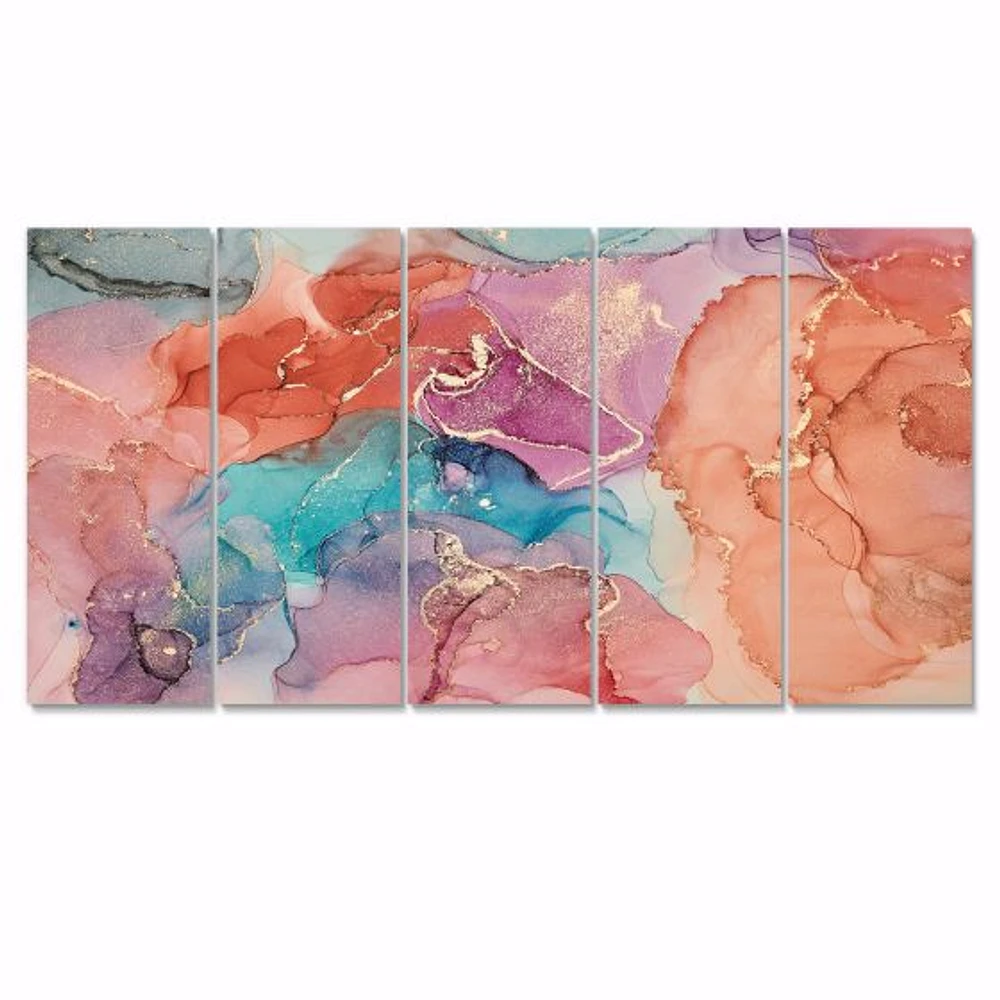 Turquoise and Brown Luxury Abstract Fluid Art II -5 Pieces Canvas Wall Print