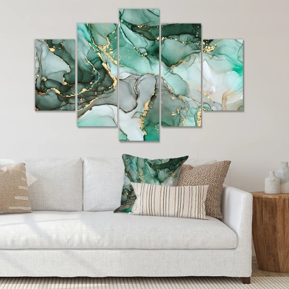 Green Luxury Abstract Fluid Art III Canvas Wall Print Panels