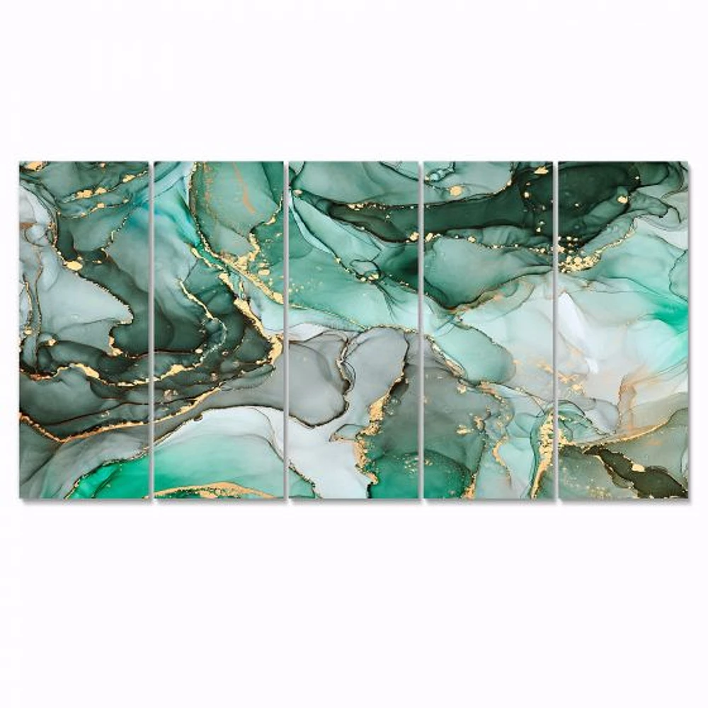 Green Luxury Abstract Fluid Art III Canvas Wall Print Panels