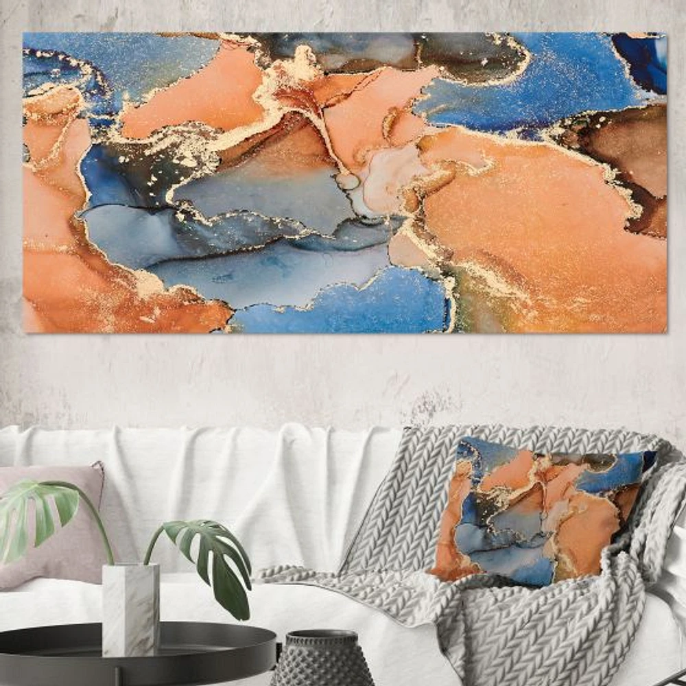 Blue and Orange Luxury Abstract Fluid Art I Canvas Wall Print
