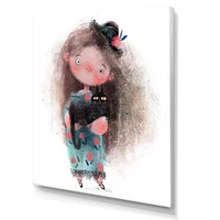 Cute Little Girl with Hat and Black Cat  Canvas Wall Art Print