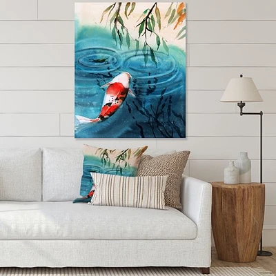 Toile imprimée « Illustration of Red Japanese Koi Carp Blue Lake »