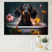 Funny Black Daschund Dog Taking A Flower Bath Canvas Wall Art