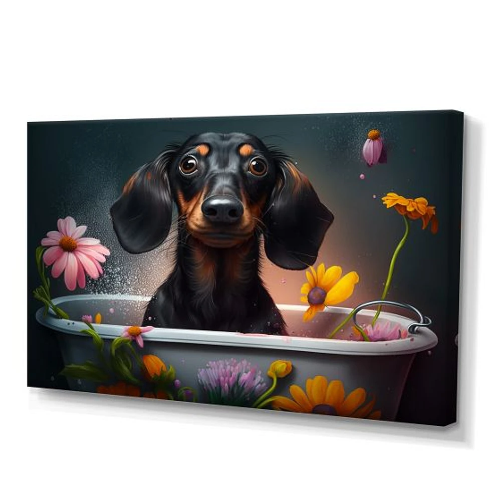 Funny Black Daschund Dog Taking A Flower Bath Canvas Wall Art