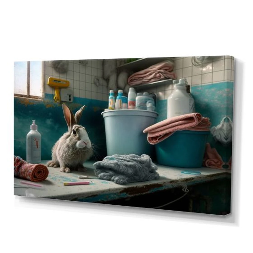 Funny Rabbit Doing Laundry Canvas Wall Art