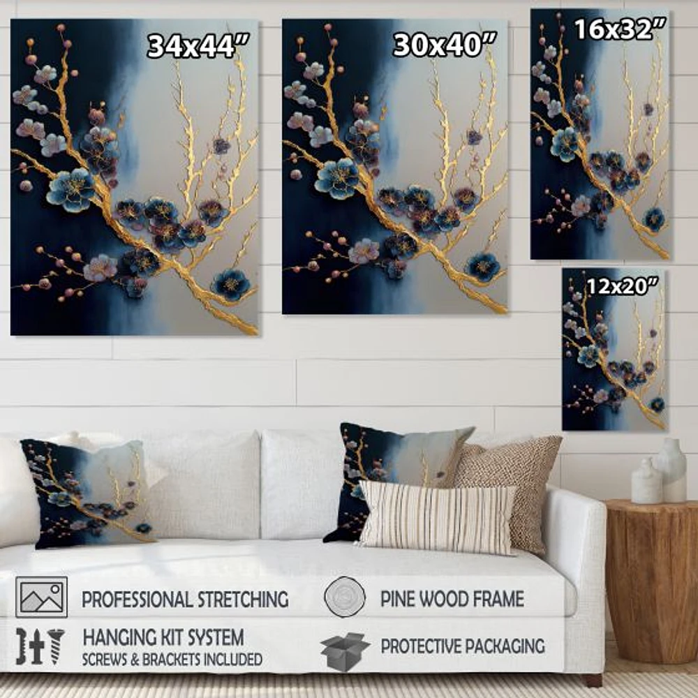 Blue and Gold Cherry Blossom Branch Wall Art