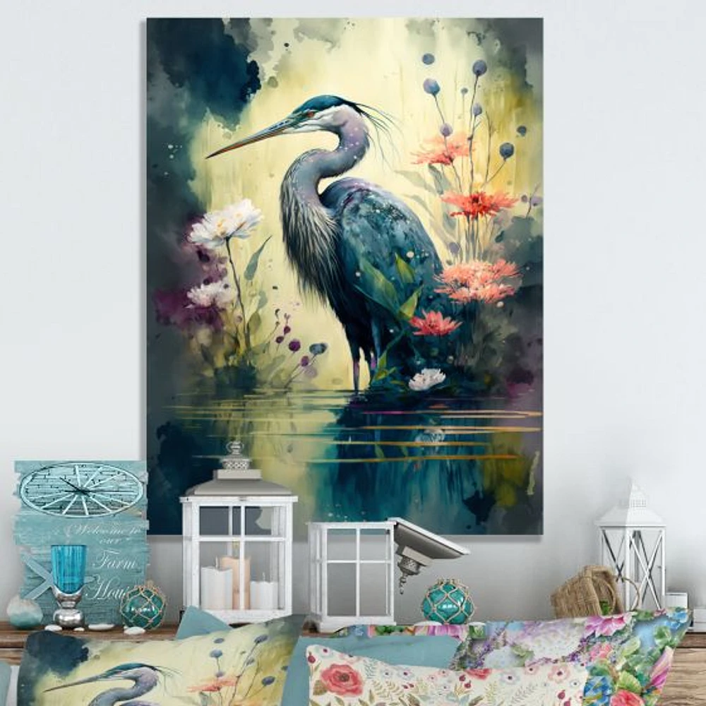 Cute Heron Floral Art I Wall