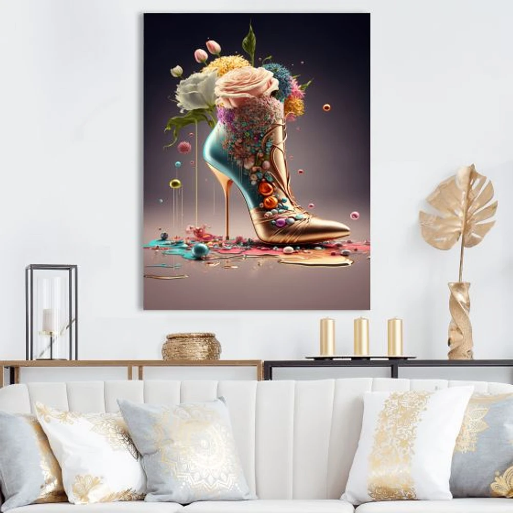 Gold Floral High Heel Shoes Wall Art