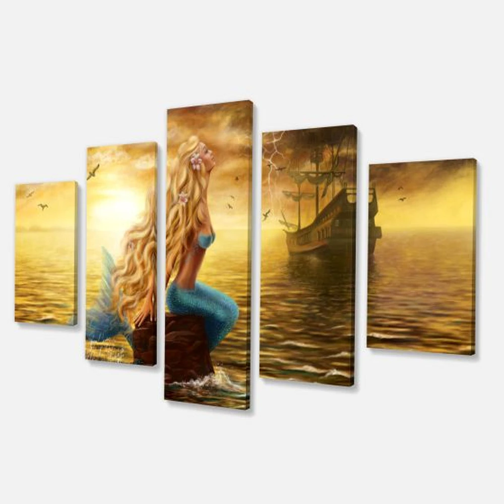 Sea Mermaid with Ghost Ship Canvas Wall Art Panels