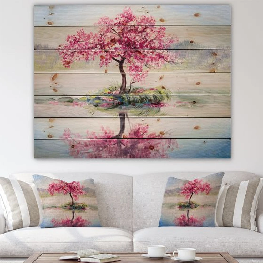 Japanese Cherry Blossom Tree On Little Idyllic IsLand Wood Wall Art