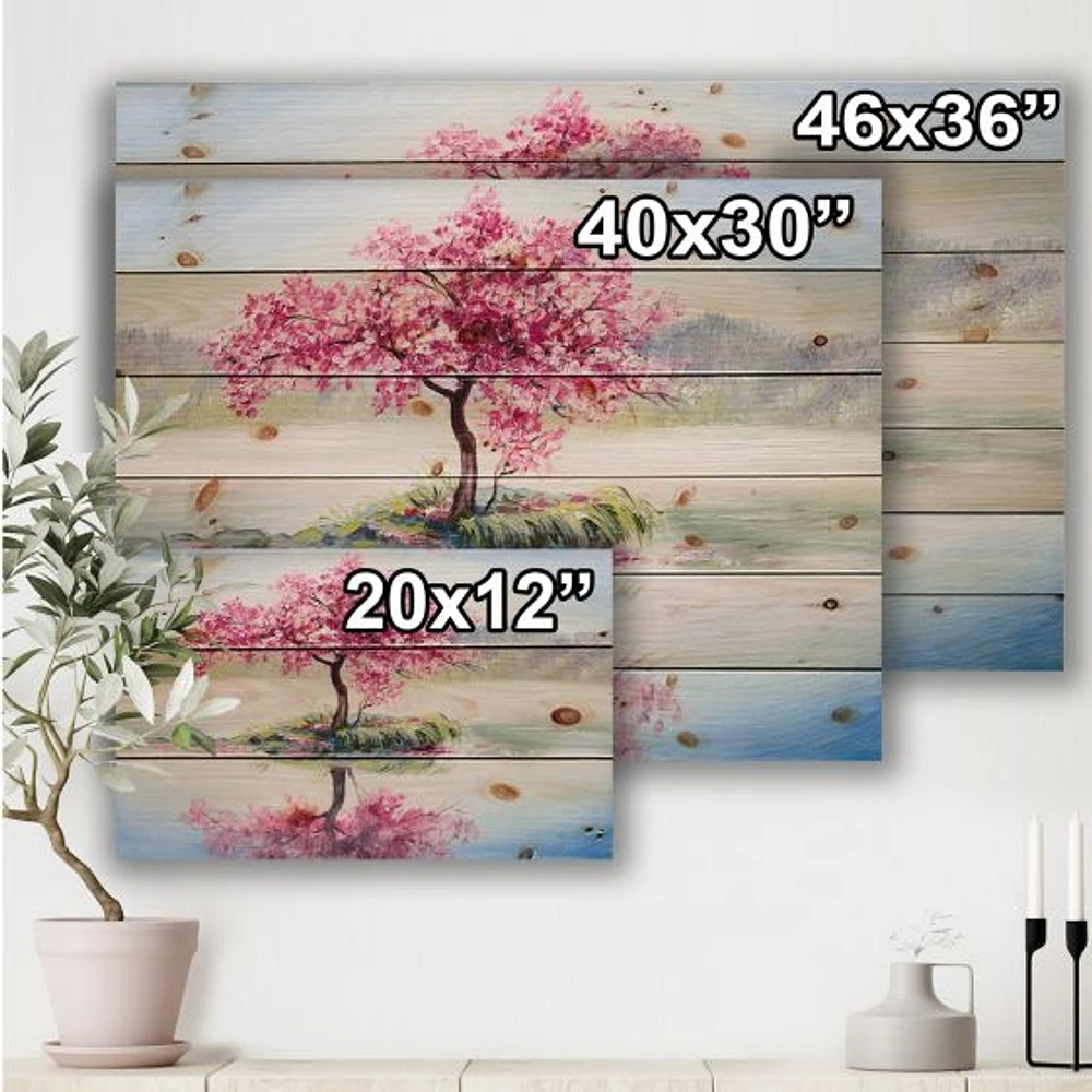 Japanese Cherry Blossom Tree On Little Idyllic IsLand Wood Wall Art