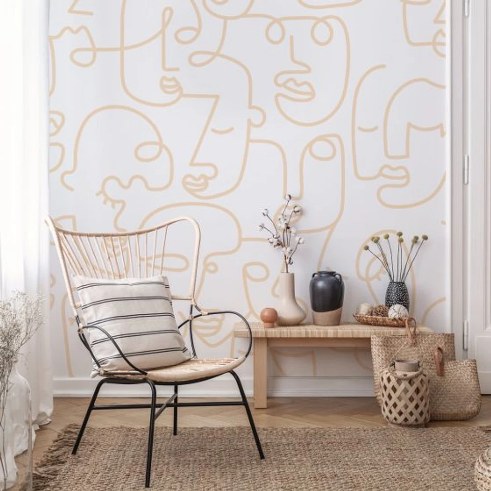 White Gold Abstract Line Faces Wallpaper Mural