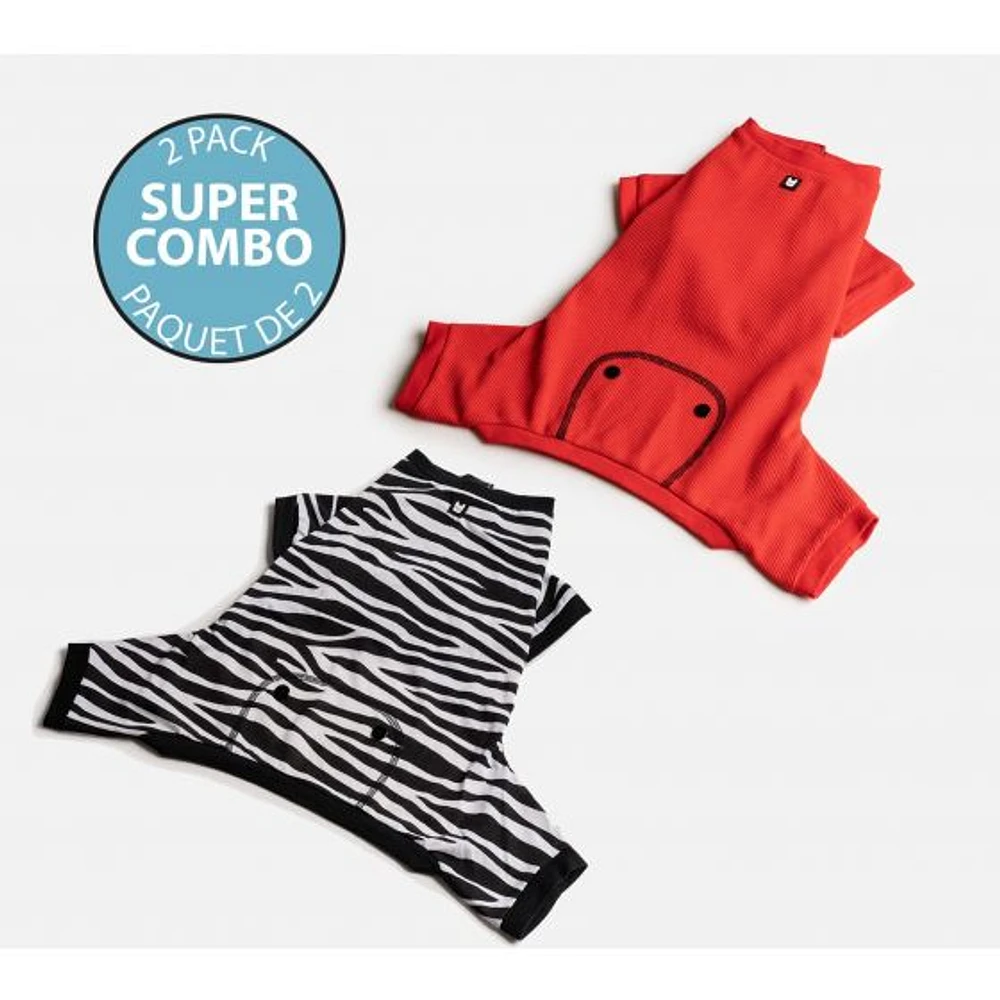 Dog's Pack of 2 Pyjamas by SilverPaw - Zebra Print and Red Waffle