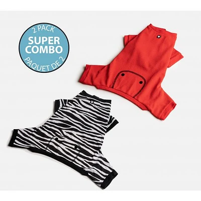 Dog's Pack of 2 Pyjamas by SilverPaw - Zebra Print and Red Waffle