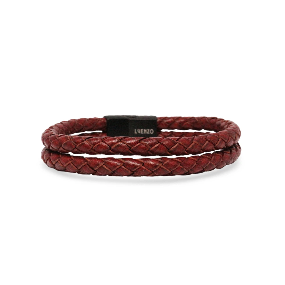 Luenzo Burgundy Genuine Leather Double Wrap Bracelet