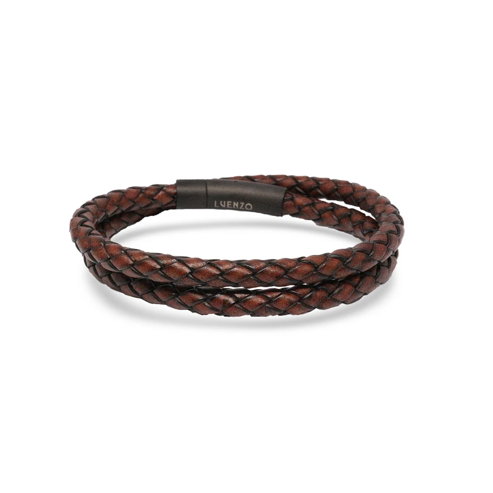 Luenzo Cognac Brown Genuine Leather Double Wrap Single Clasp Bracelet