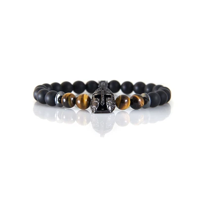 Luenzo Black Onyx and Tiger Eye with Gunmetal Warrior Helmet Bracelet