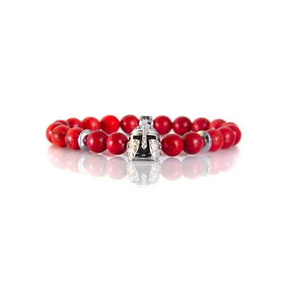 Luenzo Red/Black Jade and Silver Cubic Zirconia Warrior Helmet Bracelet