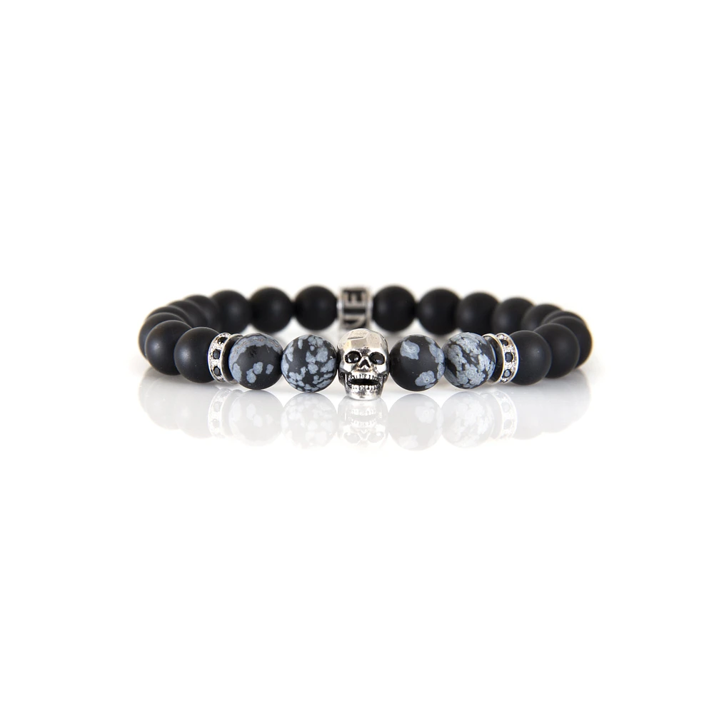 Luenzo Black Onyx and Snowflake with Silver Skull Bracelet