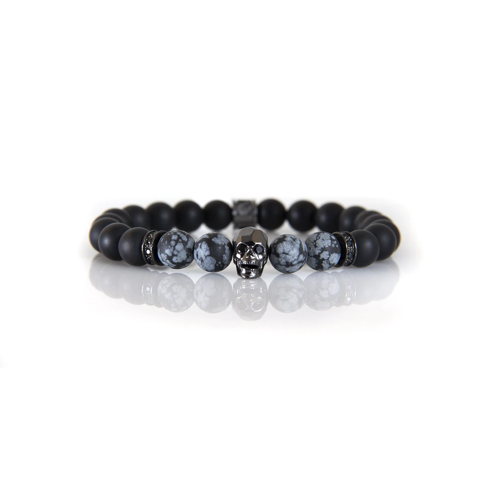 Bracelet onyx noir et flocon de neige avec accent crâne gris acier par Luenzo