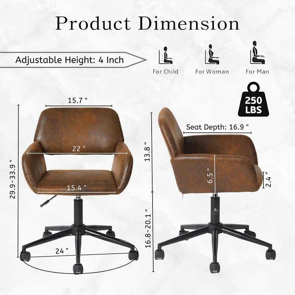 Chaise de bureau pivotante réglable en suède marron avec accoudoirs par Maison Classique