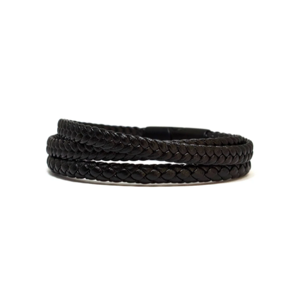 Bracelet triple enveloppe en cuir véritable noir mat par Luenzo