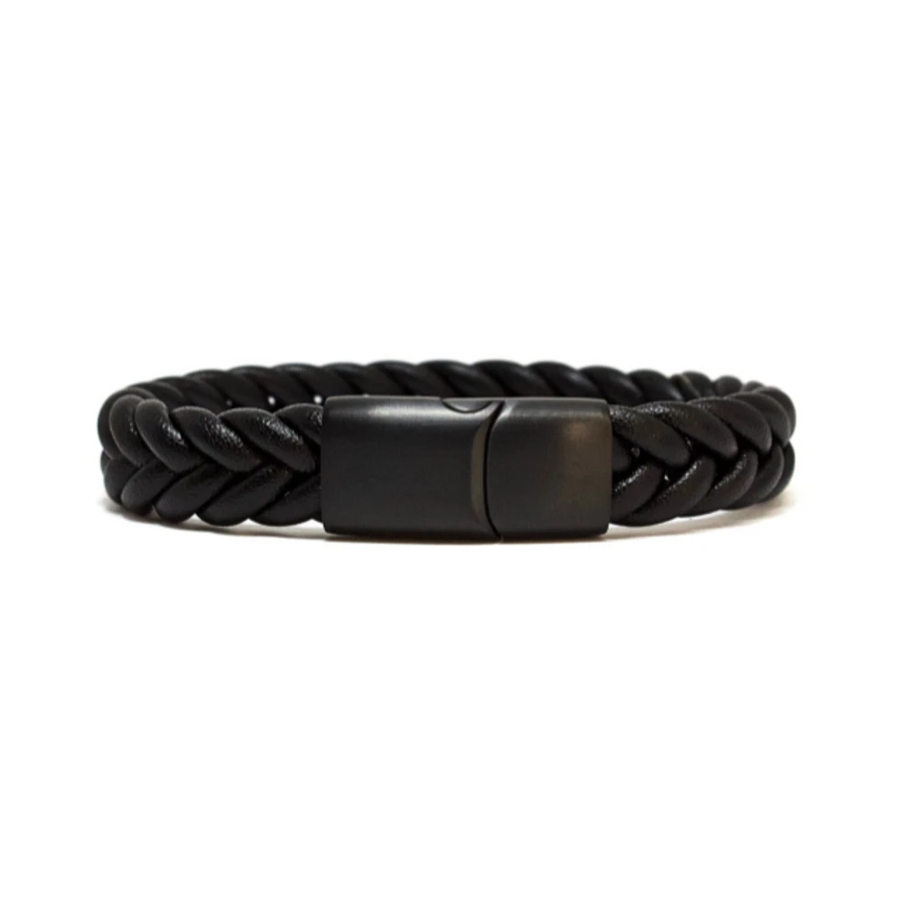 Luenzo Matte Black Genuine Leather Chevron Pattern Bracelet