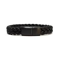 Luenzo Matte Black Genuine Leather Chevron Pattern Bracelet