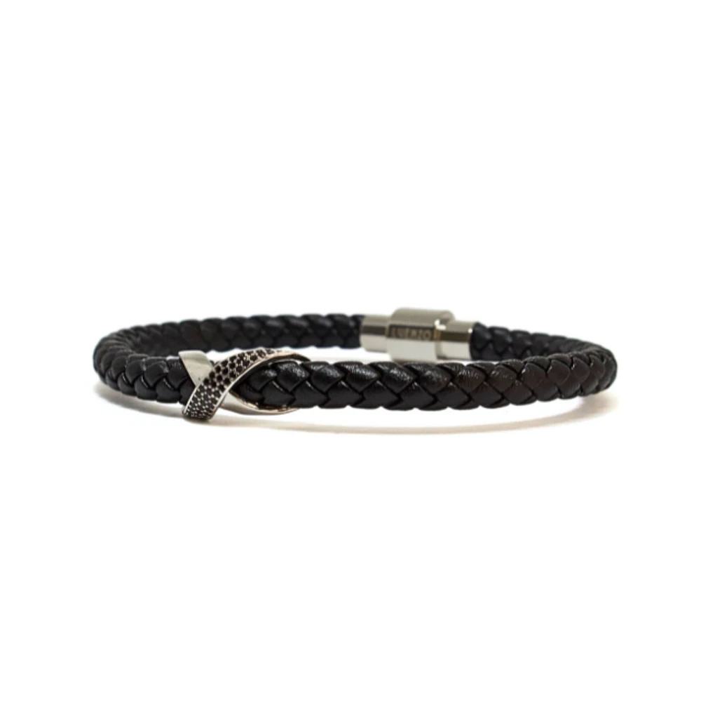 Luenzo Matte Black Genuine Leather with Silver Infinity Cubic Zirconia Single Wrap Bracelet