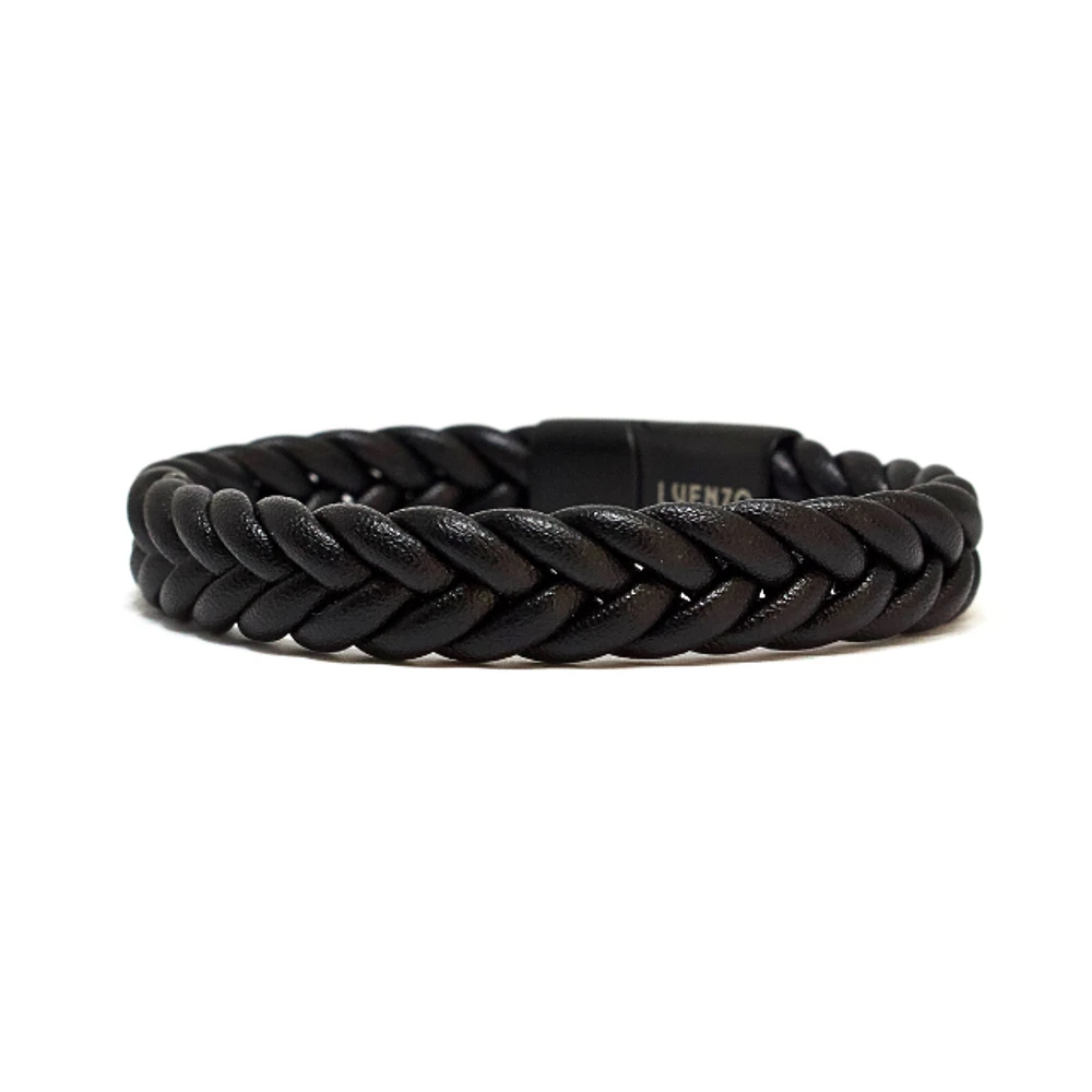 Luenzo Matte Black Genuine Leather Chevron Pattern Bracelet