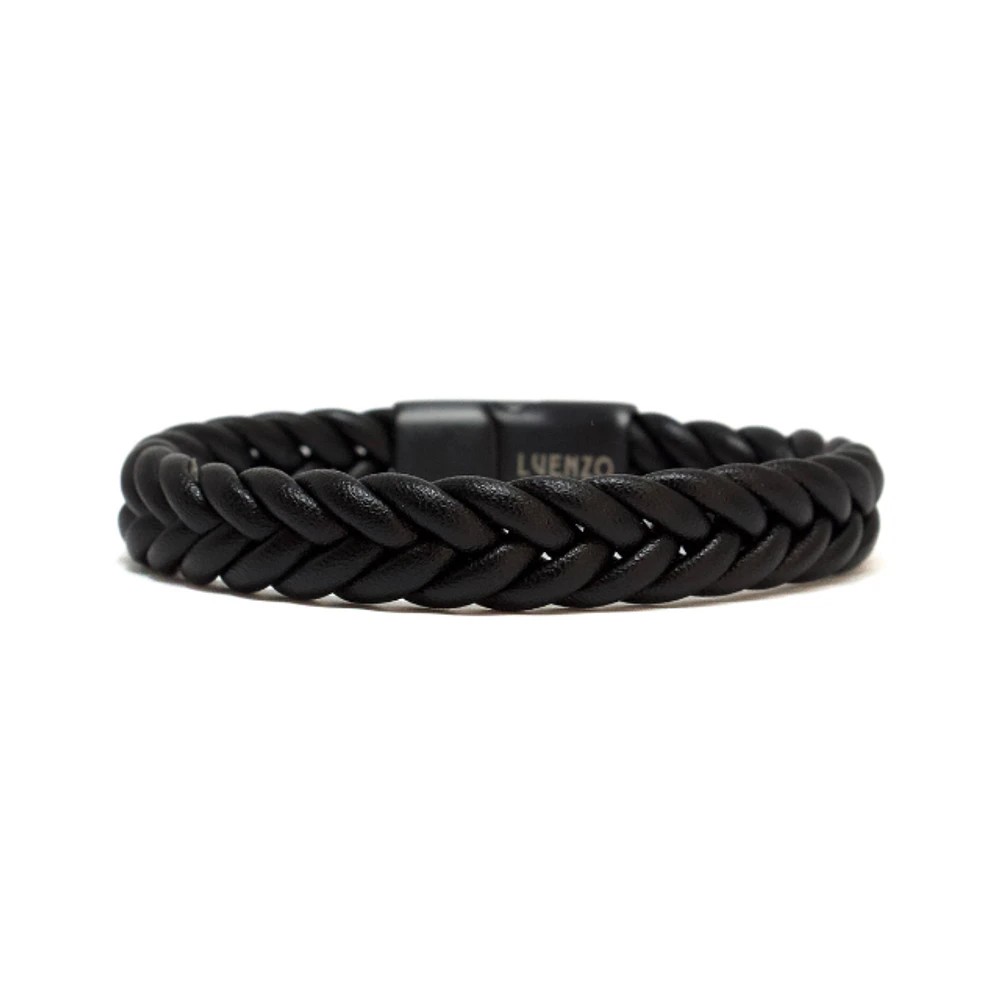 Luenzo Matte Black Genuine Leather Chevron Pattern Bracelet