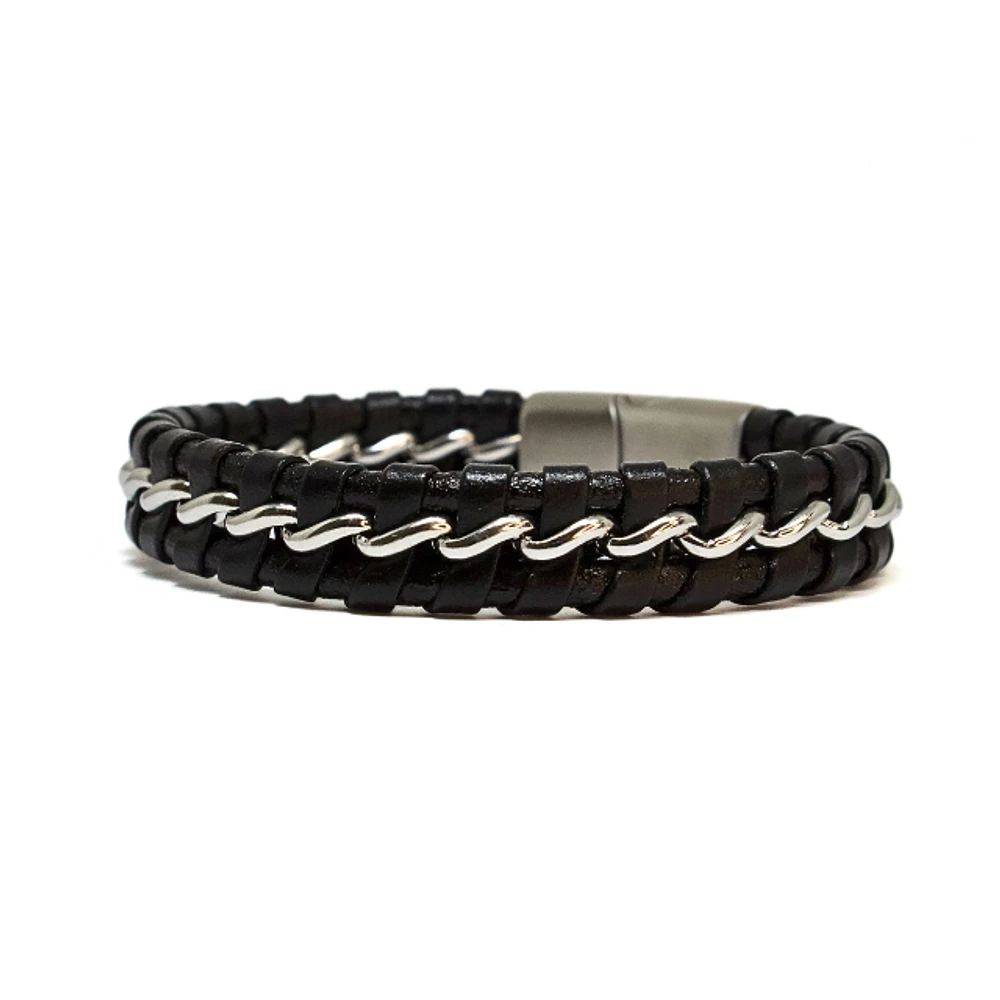 Luenzo Matte Black Genuine Leather and Stainless Steel Wire Bracelet