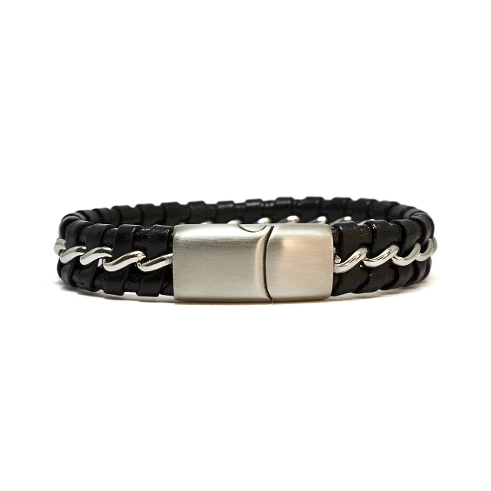 Luenzo Matte Black Genuine Leather and Stainless Steel Wire Bracelet