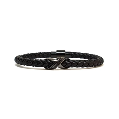 Bracelet simple en cuir véritable noir mat avec zircone cubique « Infinity » par Luenzo