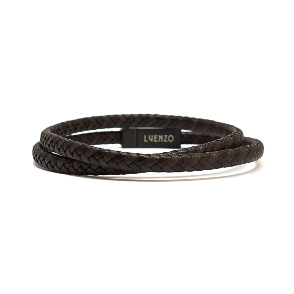 Luenzo Black/Brown Thin Genuine Leather Double Wrap Single Clasp Bracelet