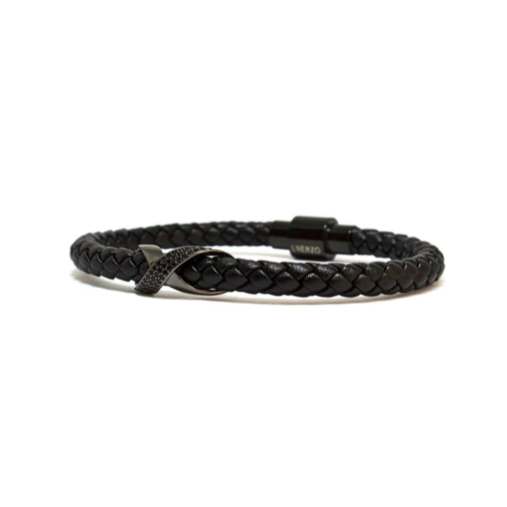 Bracelet simple en cuir véritable noir mat avec zircone cubique « Infinity » par Luenzo