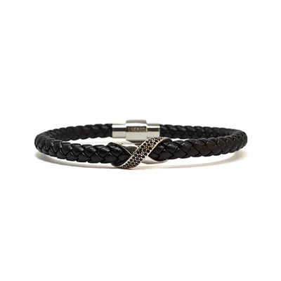 Bracelet simple en cuir véritable noir mat avec zircone cubique argenté « Infinity » par Luenzo