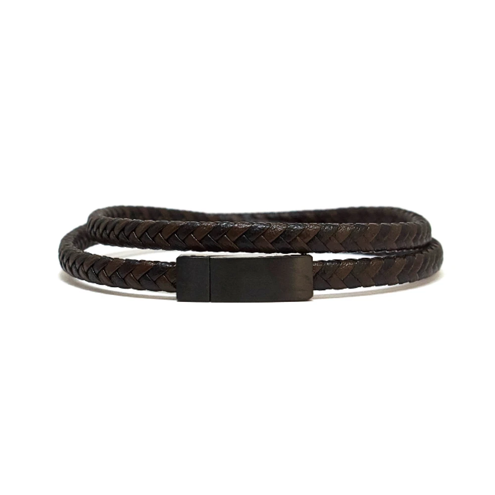 Luenzo Black/Brown Thin Genuine Leather Double Wrap Single Clasp Bracelet