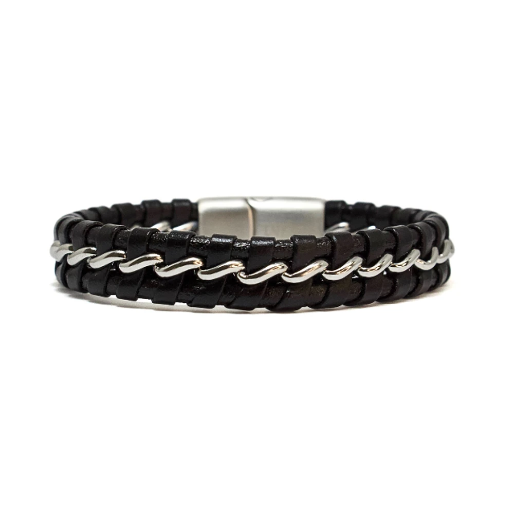 Luenzo Matte Black Genuine Leather and Stainless Steel Wire Bracelet