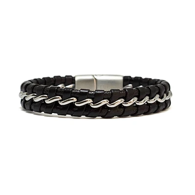 Luenzo Matte Black Genuine Leather and Stainless Steel Wire Bracelet