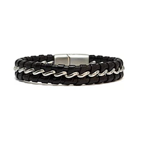 Luenzo Matte Black Genuine Leather and Stainless Steel Wire Bracelet