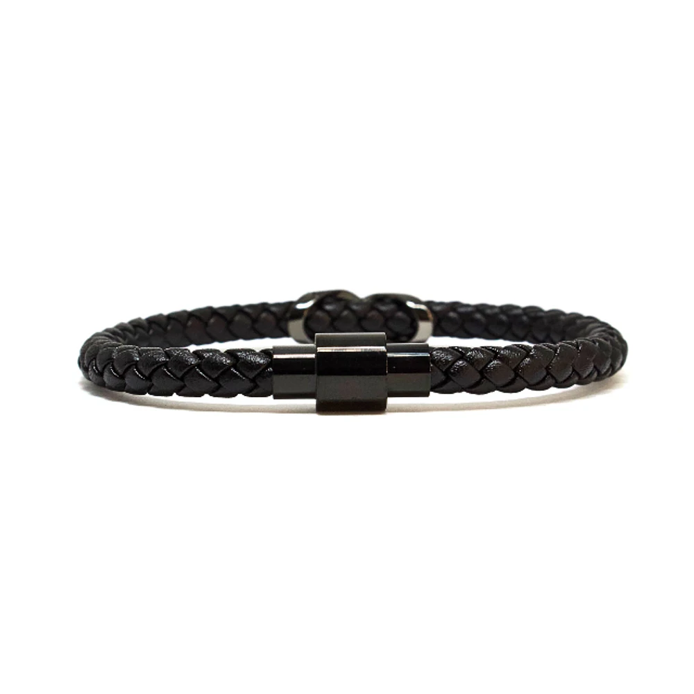 Luenzo Matte Black Genuine Leather with Black Infinity Cubic Zirconia Single Wrap Bracelet