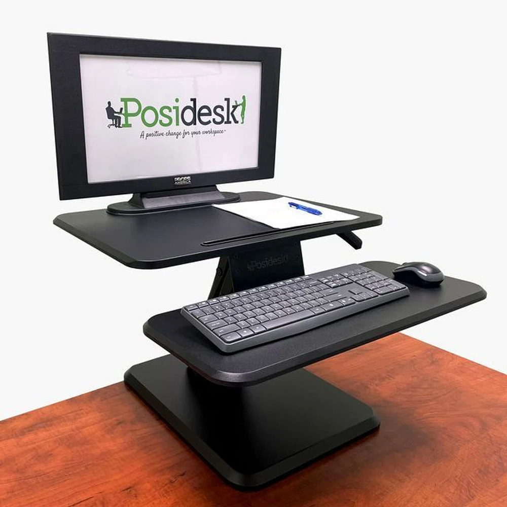 Sit-Stand Pedestal Desk Converter with Smart Rail for Mobile Devices