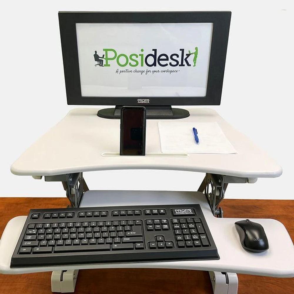 Medium Executive Sit-Stand Desk Converter with  Smart Rail for Mobile Devices, White