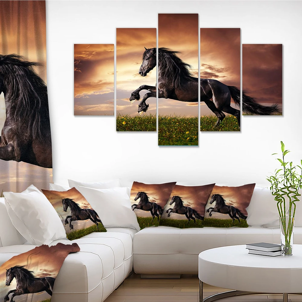 Black Friesian Horse Gallop  Canvas Wall Art