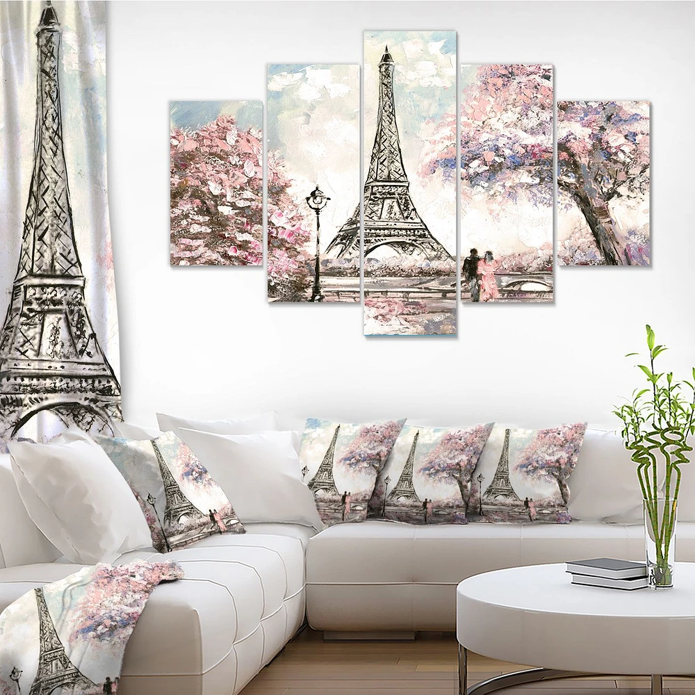 Eiffel with Pink Flowers  Wall Artwork Print on Canvas Panels