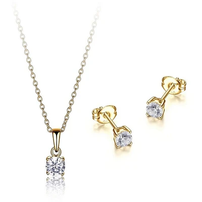 Reign Sterling Silver & Cubic Zirconia 18K Yellow Gold Plated 4mm Stud Earrings and 5mm Round Pendant Set